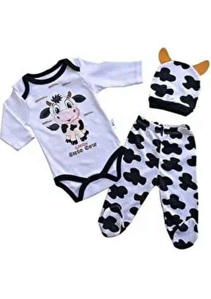 Unisex Yenidoğan Hastane Çıkışı 3'lü Set İnek Baskılı Eğlenceli Tema