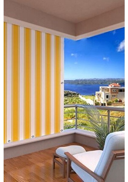 Sarı-Beyaz Kalın Düğmeli Kuş Gözlü Bağcık Hediyeli Balkon Perdesi Çizgili Pamuk Kumaş