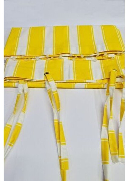 Sarı-Beyaz Kalın Düğmeli Kuş Gözlü Bağcık Hediyeli Balkon Perdesi Çizgili Pamuk Kumaş modelleri