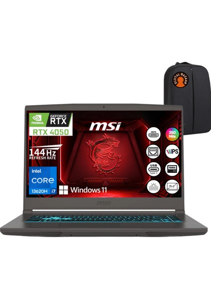 Msı Thin 15 I7 13620H RTX4050 16GB Ram 512GB SSD 15.6" Fhd IPS 144Hz W11 Taşınabilir Bilgisayar