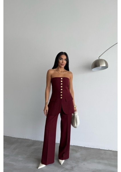 Tasarım Gold Düğmeli Straplezyelek - Bordo