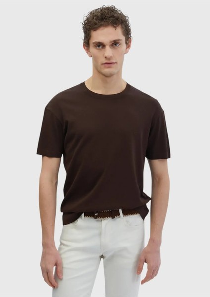 Kahverengi Bisiklet Yaka Düz Örgü Triko