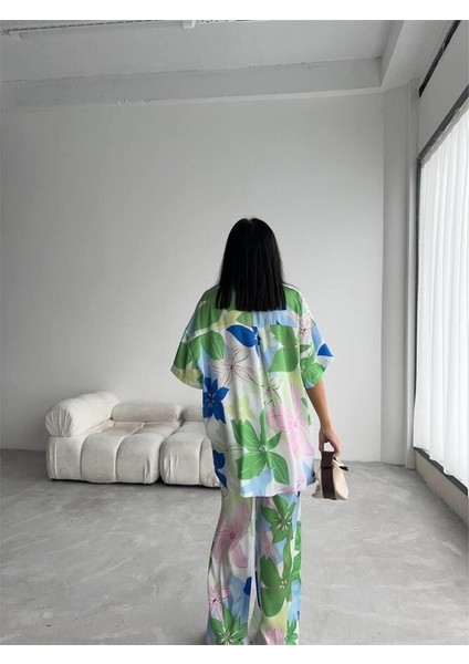 Yeşil Büyük Çiçek Desen Saten Gömlek-Pantolon Takım - Yeşil modelleri