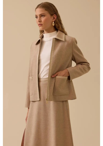 Kadın Biye Detaylı Cepli Fermuarlı Ceket - Vizon