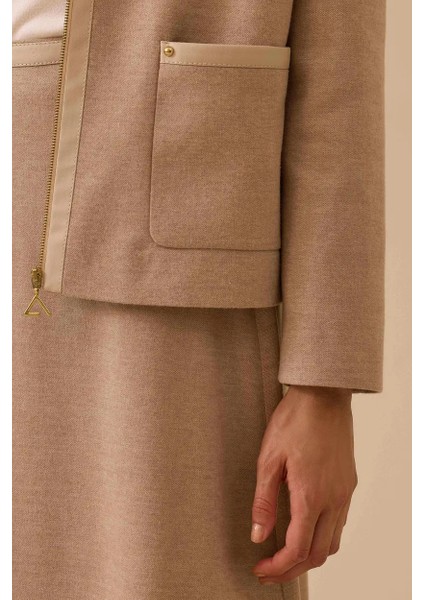 Kadın Biye Detaylı Cepli Fermuarlı Ceket - Vizon modelleri