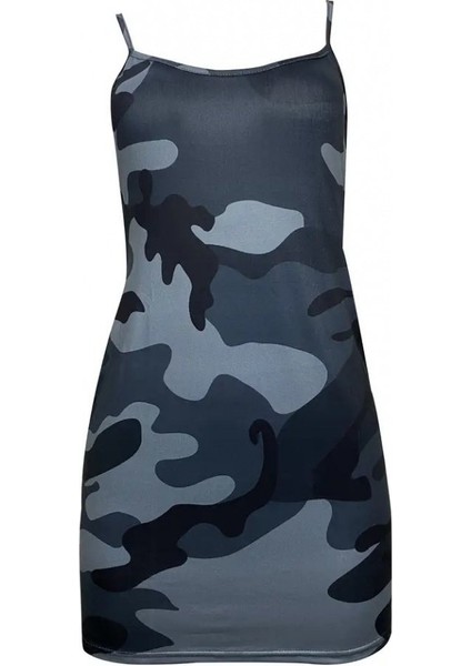 Kadın Ip Askılı Kamuflaj Baskılı Viskon Elbise modelleri