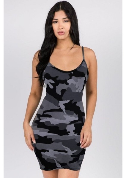 Kadın Ip Askılı Kamuflaj Baskılı Viskon Elbise indirimleri