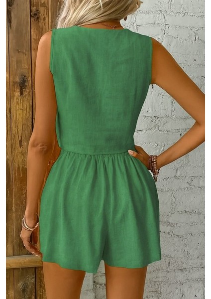 Kadın Kolsuz Askılı V Yakalı Önden Düğmeli Ithal Keten Ceket ve Short Ikili Takım fırsatları