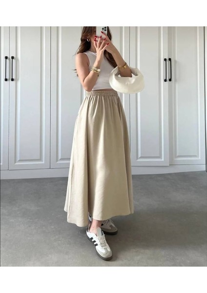 Tesettür Etek Uzun Çift Cepli Poplin Kumaş Beli Lastikli Iç Göstermez Etek Astarsız (90 Cm)