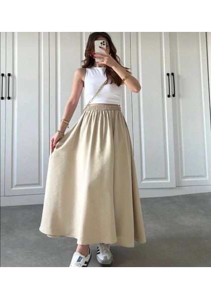 Tesettür Etek Uzun Çift Cepli Poplin Kumaş Beli Lastikli Iç Göstermez Etek Astarsız (90 Cm) modelleri
