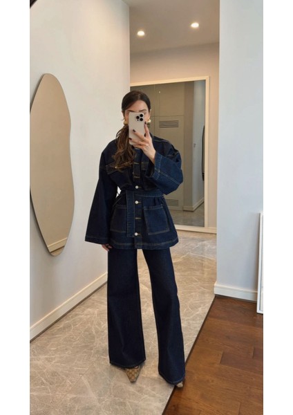 Kadın Denim Lacivert Cep Detaylı Ceket Pantolon Takım
