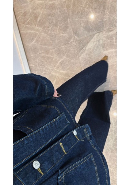 Kadın Denim Lacivert Cep Detaylı Ceket Pantolon Takım fiyatları