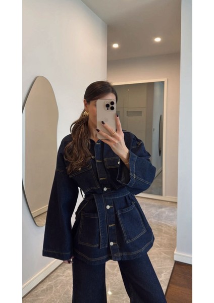 Kadın Denim Lacivert Cep Detaylı Ceket Pantolon Takım modelleri