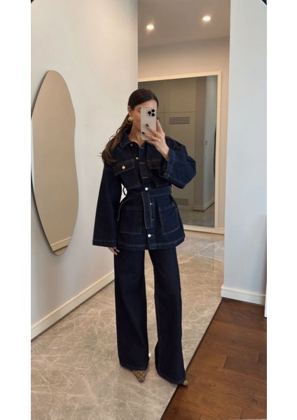Kadın Denim Lacivert Cep Detaylı Ceket Pantolon Takım fırsatları