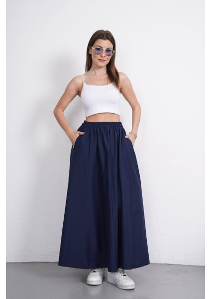 Tesettür Etek Uzun Çift Cepli Poplin Kumaş Beli Lastikli Iç Göstermez Etek Astarsız (90 Cm)