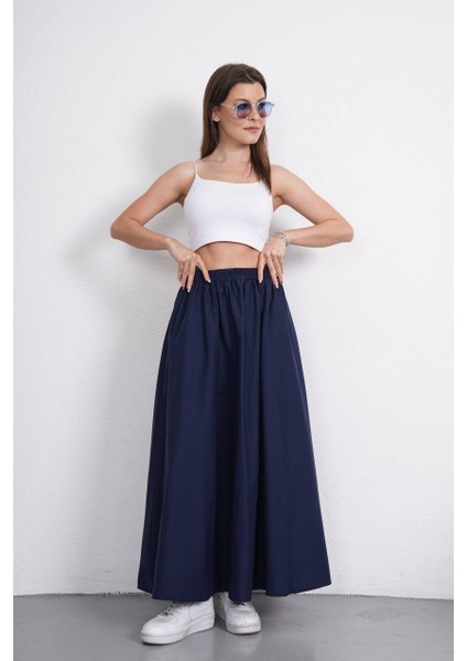 Tesettür Etek Uzun Çift Cepli Poplin Kumaş Beli Lastikli Iç Göstermez Etek Astarsız (90 Cm) fiyatları