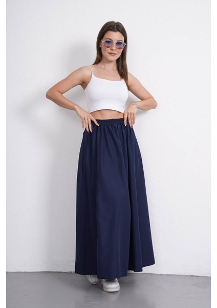 Tesettür Etek Uzun Çift Cepli Poplin Kumaş Beli Lastikli Iç Göstermez Etek Astarsız (90 Cm) indirimleri