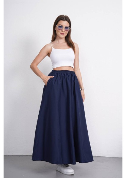 Tesettür Etek Uzun Çift Cepli Poplin Kumaş Beli Lastikli Iç Göstermez Etek Astarsız (90 Cm)