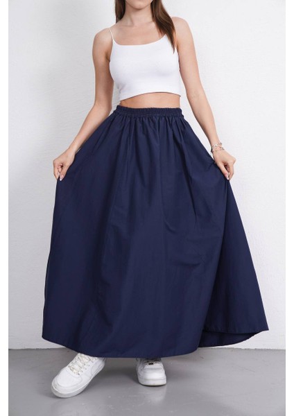 Tesettür Etek Uzun Çift Cepli Poplin Kumaş Beli Lastikli Iç Göstermez Etek Astarsız (90 Cm)
