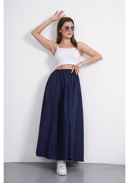 Tesettür Etek Uzun Çift Cepli Poplin Kumaş Beli Lastikli Iç Göstermez Etek Astarsız (90 Cm)