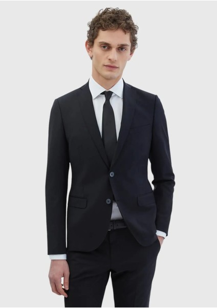 Siyah Düz Fashion Slim Fit Yün Karışımlı Takım Elbise