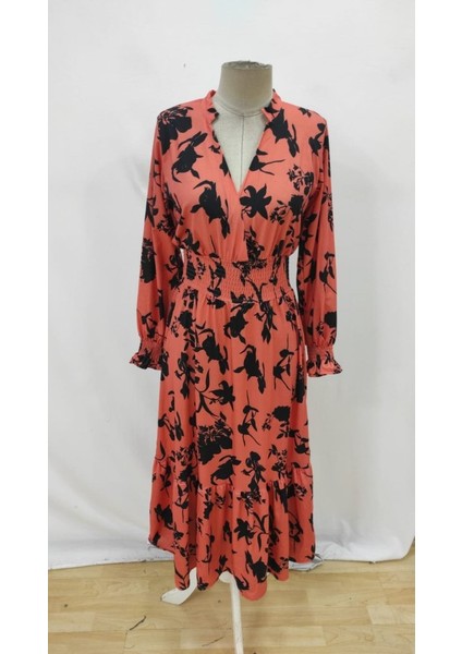 Kadın Uzun Kollu Kruvaze Yakalı Çiçek Desenli Maksi Süprem Elbise fırsatları