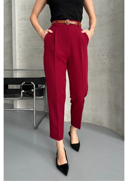Kadın Dar Paça Pileli Kemerli Mevsimlik Kumaş Pantolon Bordo Bordo / 44