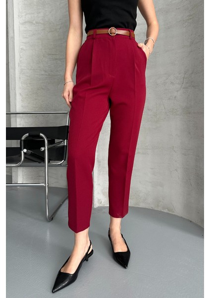 Kadın Dar Paça Pileli Kemerli Mevsimlik Kumaş Pantolon Bordo Bordo / 44 fiyatları
