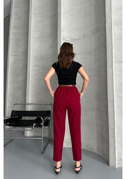 Kadın Dar Paça Pileli Kemerli Mevsimlik Kumaş Pantolon Bordo Bordo / 44 fırsatları