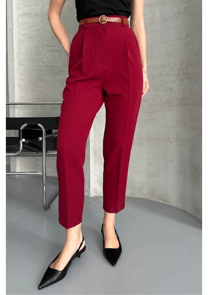 Kadın Dar Paça Pileli Kemerli Mevsimlik Kumaş Pantolon Bordo Bordo / 44