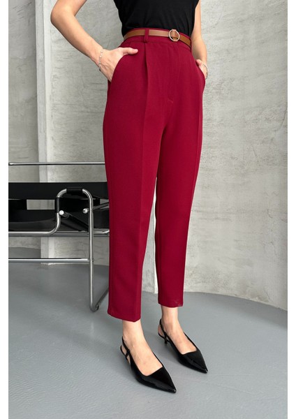 Kadın Dar Paça Pileli Kemerli Mevsimlik Kumaş Pantolon Bordo Bordo / 44