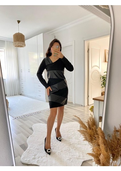 Kadın Uzun Kollu Asimetrik Yaka Süet ve Deri Mini Boy Elbise