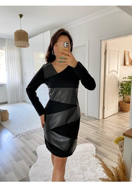 Kadın Uzun Kollu Asimetrik Yaka Süet ve Deri Mini Boy Elbise modelleri