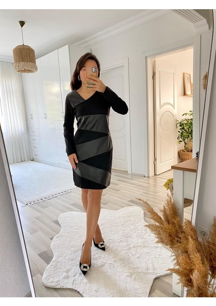 Kadın Uzun Kollu Asimetrik Yaka Süet ve Deri Mini Boy Elbise indirimleri