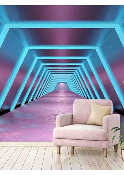 3 Boyutlu Çizgili Neon Işık Desenli Isı ve Ses Yalıtımlı Sağlıklı Tekstil Duvar Kağıdı modelleri