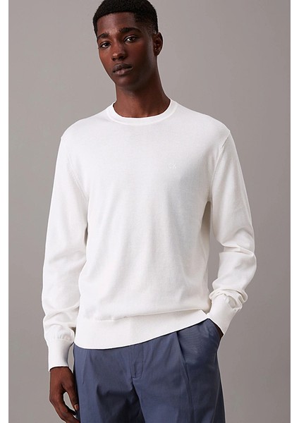 Erkek Bisiklet Yaka Supima Pamuklu Triko Kazak - Beyaz