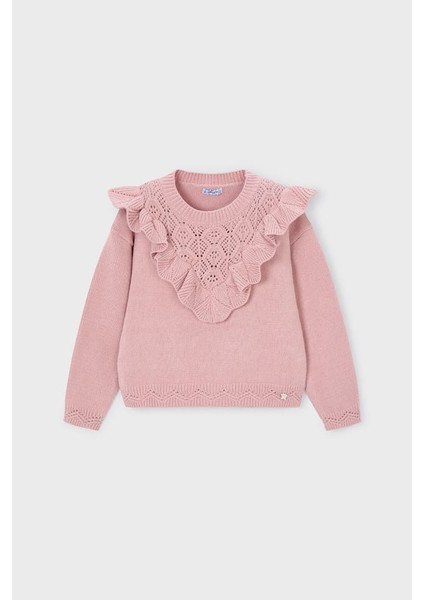 Kız Çocuk Ajurlu Fırfır Yaka Triko Kazak - Pudra Pembe