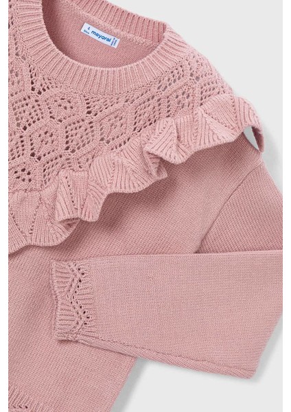 Kız Çocuk Ajurlu Fırfır Yaka Triko Kazak - Pudra Pembe modelleri