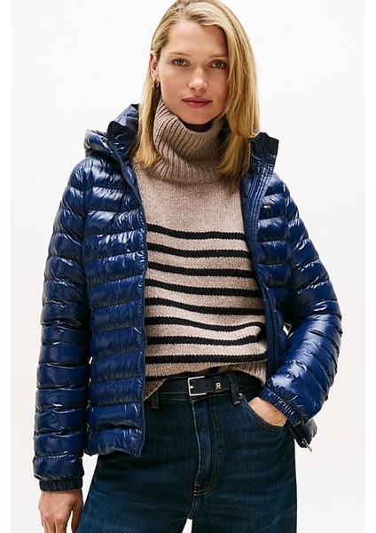 Kadın Slim Fit Kapüşonlu Şişme Mont - Lacivert