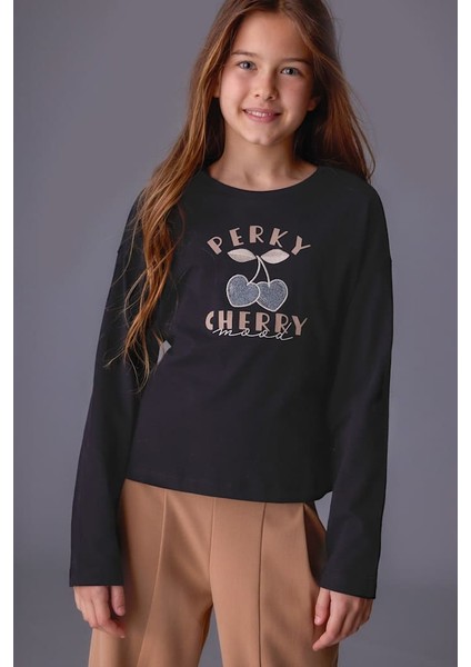 Kız Çocuk Simli Kiraz Baskılı Uzun Kollu T-Shirt - Siyah fırsatları