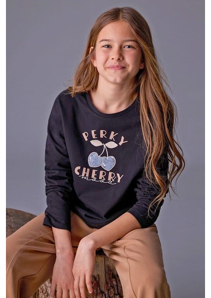 Kız Çocuk Simli Kiraz Baskılı Uzun Kollu T-Shirt - Siyah indirimleri