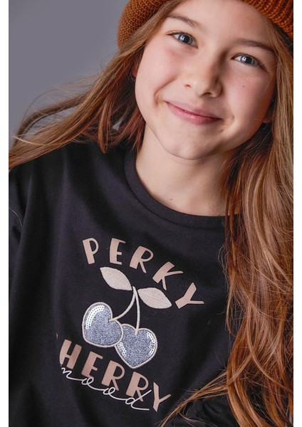 Kız Çocuk Simli Kiraz Baskılı Uzun Kollu T-Shirt - Siyah