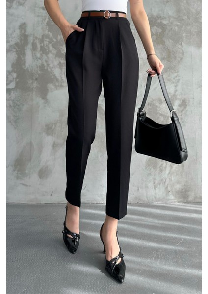 Kadın Dar Paça Pileli Kemerli Mevsimlik Kumaş Pantolon Siyah Siyah / 36 indirimleri