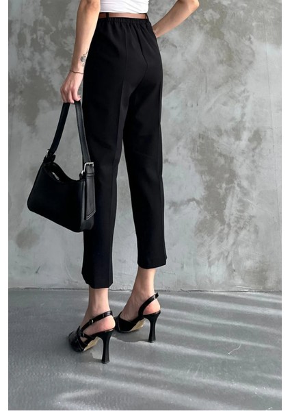 Kadın Dar Paça Pileli Kemerli Mevsimlik Kumaş Pantolon Siyah Siyah / 36