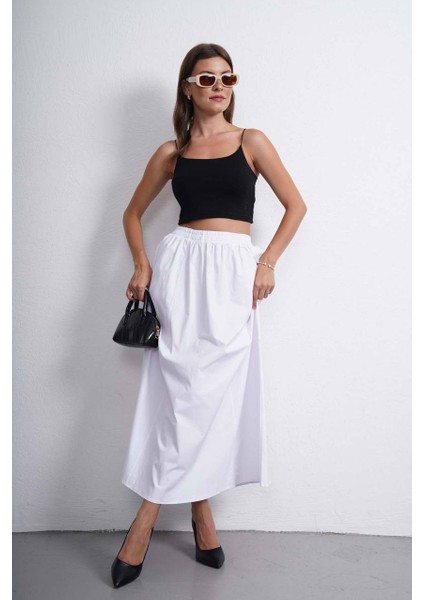 Tesettür Etek Uzun Çift Cepli Poplin Kumaş Beli Lastikli Iç Göstermez Etek Astarsız (90 Cm) fiyatları