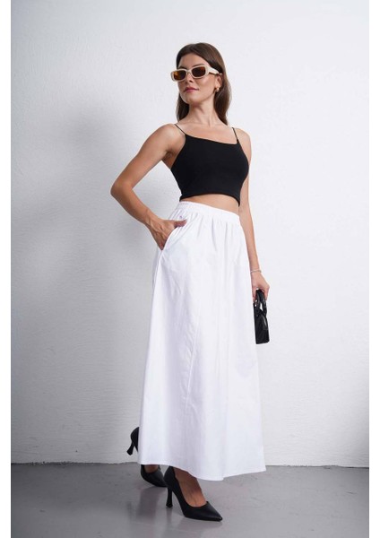 Tesettür Etek Uzun Çift Cepli Poplin Kumaş Beli Lastikli Iç Göstermez Etek Astarsız (90 Cm)