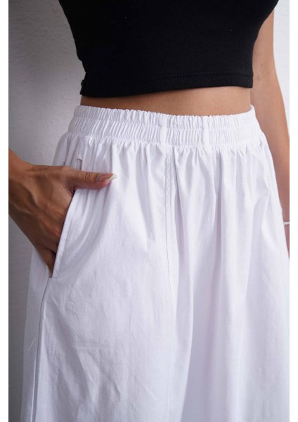 Tesettür Etek Uzun Çift Cepli Poplin Kumaş Beli Lastikli Iç Göstermez Etek Astarsız (90 Cm)