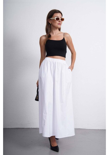Tesettür Etek Uzun Çift Cepli Poplin Kumaş Beli Lastikli Iç Göstermez Etek Astarsız (90 Cm)