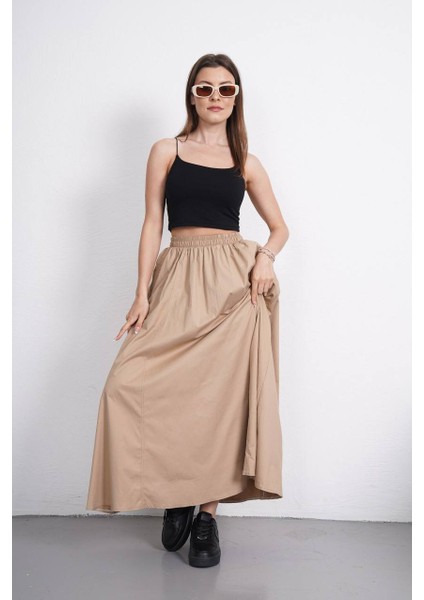 Tesettür Etek Uzun Çift Cepli Poplin Kumaş Beli Lastikli Iç Göstermez Etek Astarsız (90 Cm)
