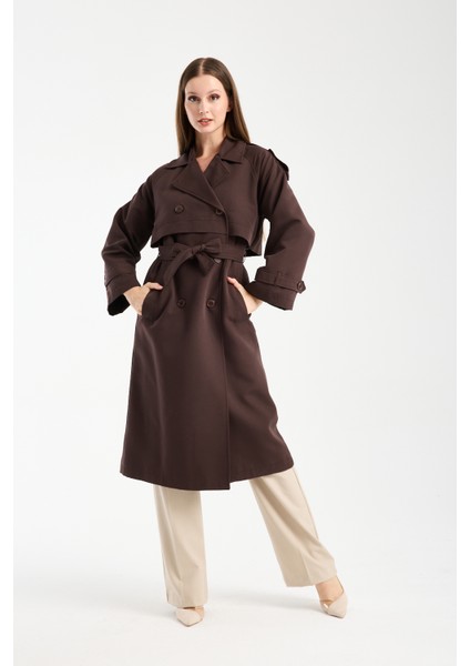 Acı Kahve Kruvaze Kapama Rüzgarlık Detaylı Trençkot